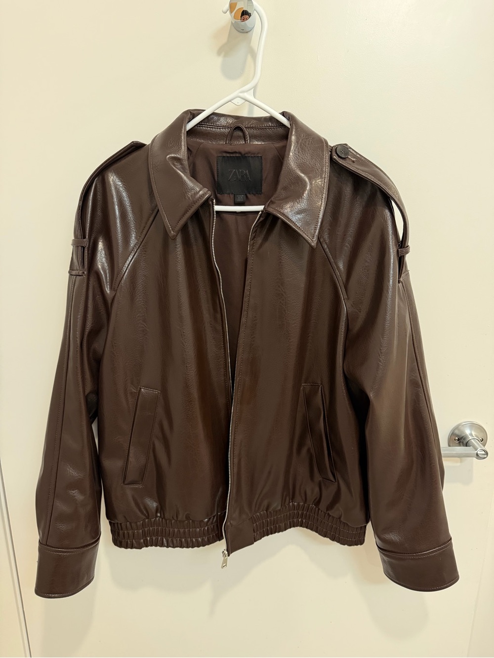 Zara Dark Brown Faux Leather Bomber Jacket